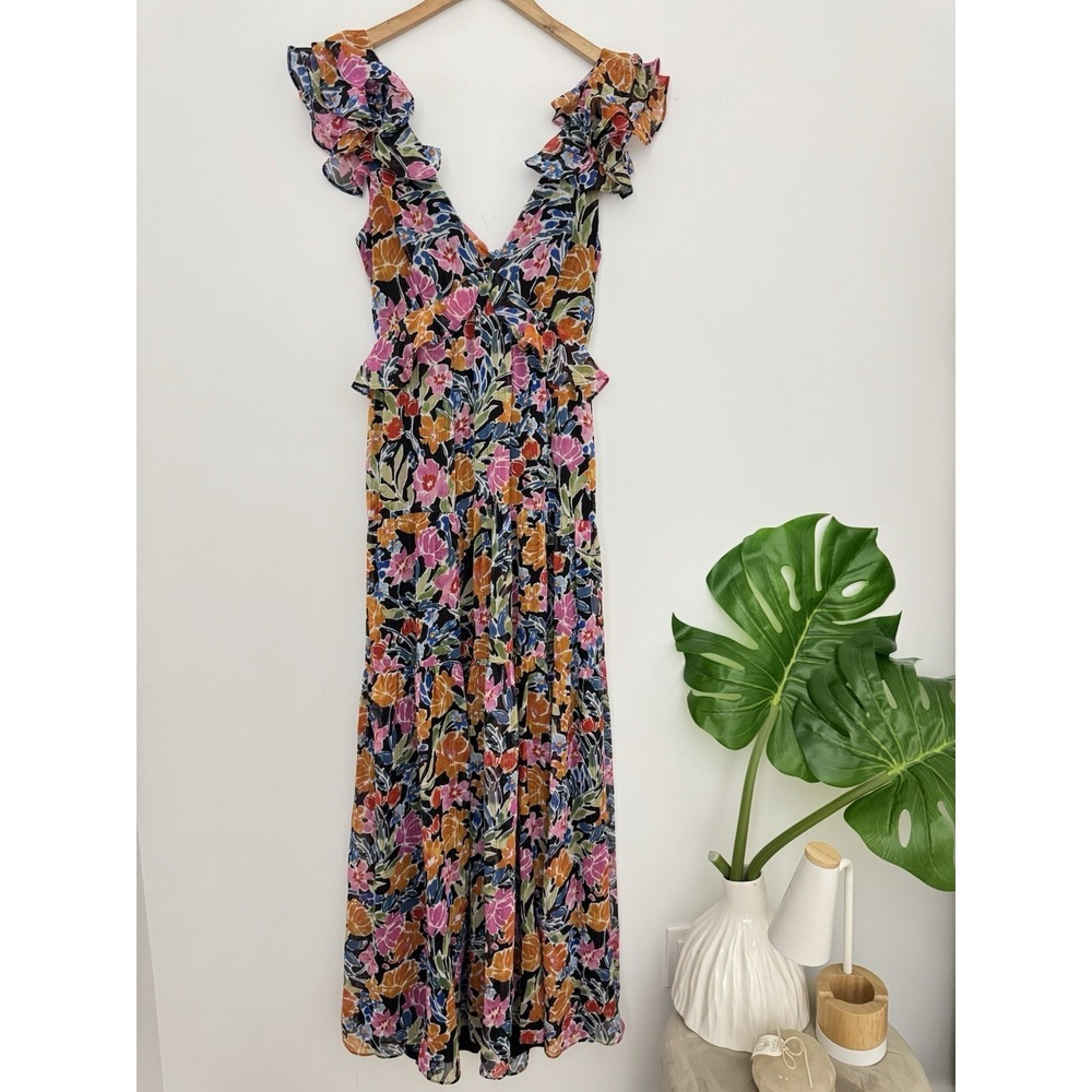 Aqua Bloomingdales Chiffon Tiered Multi Color Floral Maxi‎ Dress Women's Small